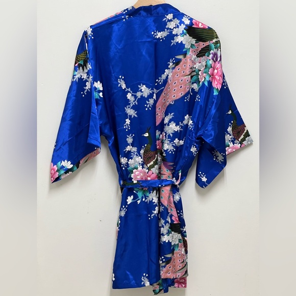 Women's Home Wear Polyester Bright Blue Mini Robe Peacocks Pink Flowers Size S - Picture 6 of 8